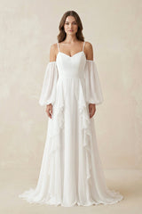 Ruffled Chiffon A - Line Wedding Dress With Detachable Sleeves in White - KISS BRIDAL Wedding Dresses