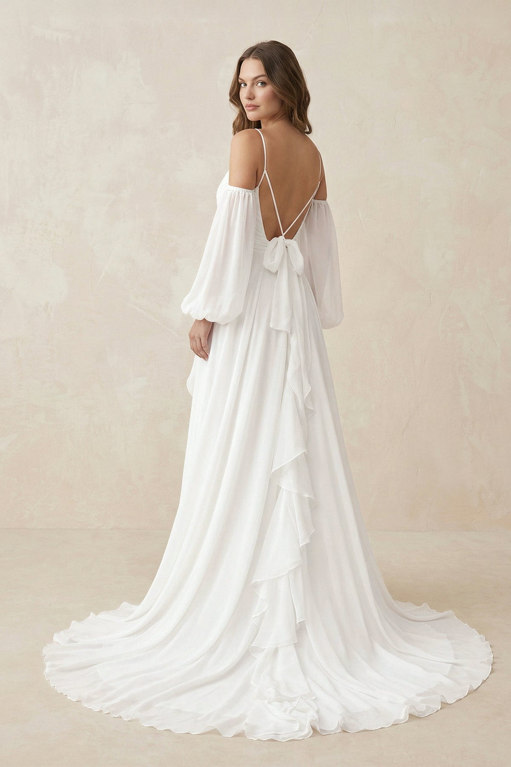 Ruffled Chiffon A - Line Wedding Dress With Detachable Sleeves in White - KISS BRIDAL Wedding Dresses