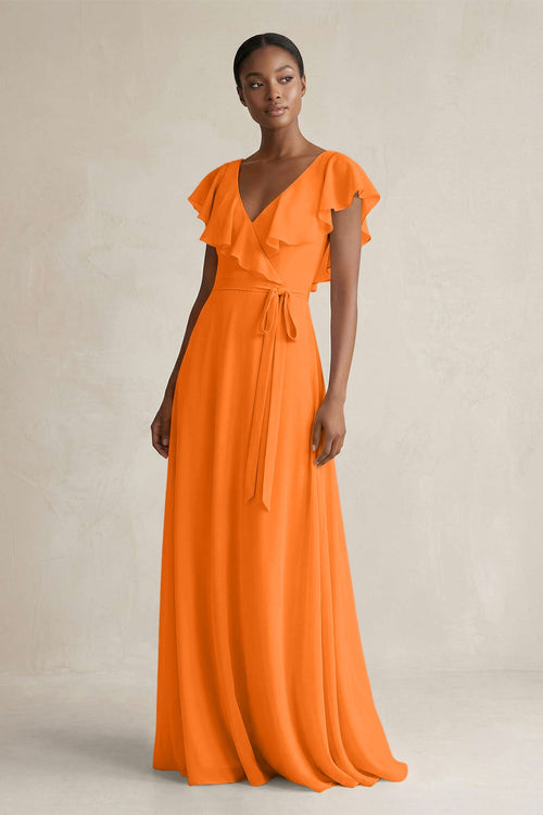 A-Line V-Neck Ruffled Sleeve Chiffon Bridesmaid Dress in Cinnamon - SHE IS ME BRIDESMAID DRESSES