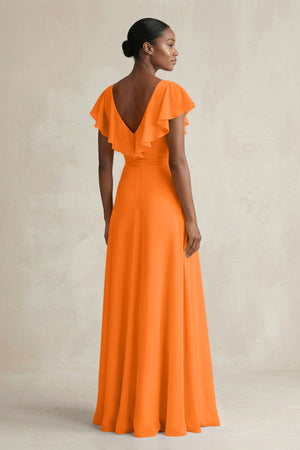 A-Line V-Neck Ruffled Sleeve Chiffon Bridesmaid Dress in Cinnamon - SHE IS ME BRIDESMAID DRESSES