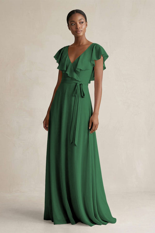 A-Line V-Neck Ruffled Sleeve Chiffon Bridesmaid Dress in Dark Green - SHE IS ME BRIDESMAID DRESSES
