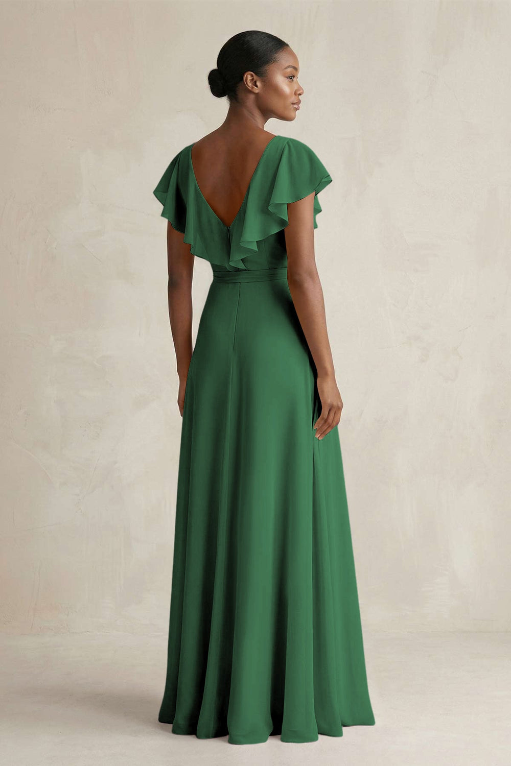 A-Line V-Neck Ruffled Sleeve Chiffon Bridesmaid Dress in Dark Green - KISS BRIDAL BRIDESMAID DRESSES
