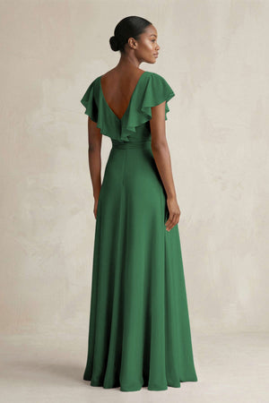 A-Line V-Neck Ruffled Sleeve Chiffon Bridesmaid Dress in Dark Green - SHE IS ME BRIDESMAID DRESSES