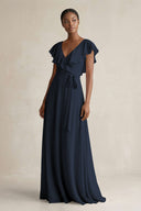A-Line V-Neck Ruffled Sleeve Chiffon Bridesmaid Dress in Dark Navy - SHE IS ME BRIDESMAID DRESSES