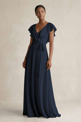 A-Line V-Neck Ruffled Sleeve Chiffon Bridesmaid Dress in Dark Navy - KISS BRIDAL BRIDESMAID DRESSES
