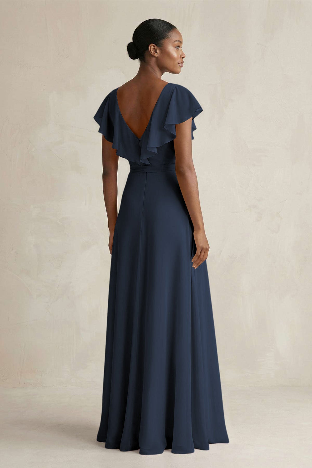 A-Line V-Neck Ruffled Sleeve Chiffon Bridesmaid Dress in Dark Navy - KISS BRIDAL BRIDESMAID DRESSES