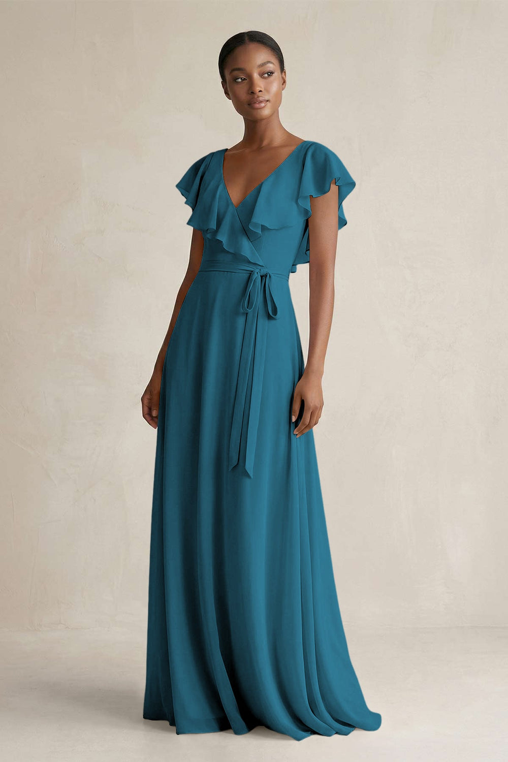 A-Line V-Neck Ruffled Sleeve Chiffon Bridesmaid Dress in Dark Teal - KISS BRIDAL BRIDESMAID DRESSES