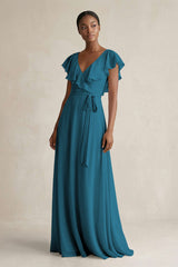 A-Line V-Neck Ruffled Sleeve Chiffon Bridesmaid Dress in Dark Teal - KISS BRIDAL BRIDESMAID DRESSES