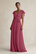 A-Line V-Neck Ruffled Sleeve Chiffon Bridesmaid Dress in Desert Rose - SHE IS ME BRIDESMAID DRESSES