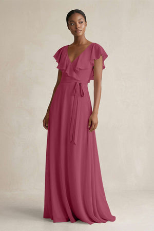 A-Line V-Neck Ruffled Sleeve Chiffon Bridesmaid Dress in Desert Rose - SHE IS ME BRIDESMAID DRESSES