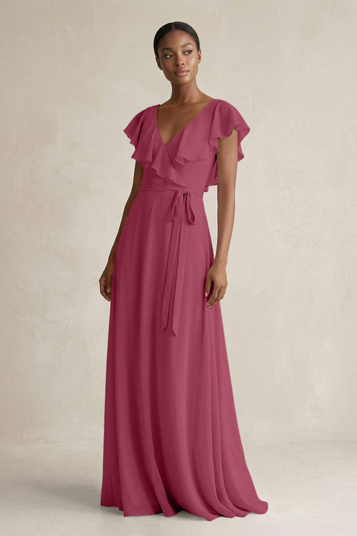 A-Line V-Neck Ruffled Sleeve Chiffon Bridesmaid Dress in Desert Rose - SHE IS ME BRIDESMAID DRESSES