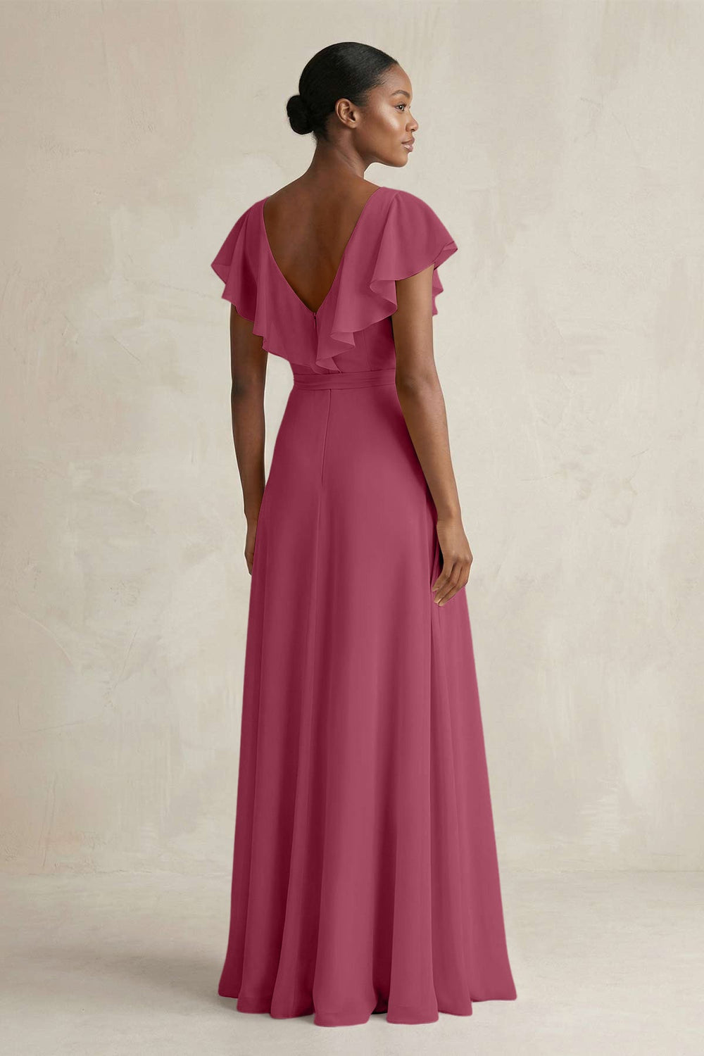 A-Line V-Neck Ruffled Sleeve Chiffon Bridesmaid Dress in Desert Rose - KISS BRIDAL BRIDESMAID DRESSES