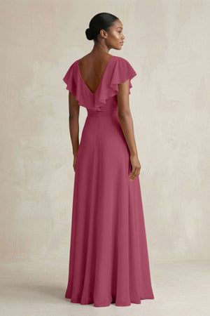 A-Line V-Neck Ruffled Sleeve Chiffon Bridesmaid Dress in Desert Rose - SHE IS ME BRIDESMAID DRESSES