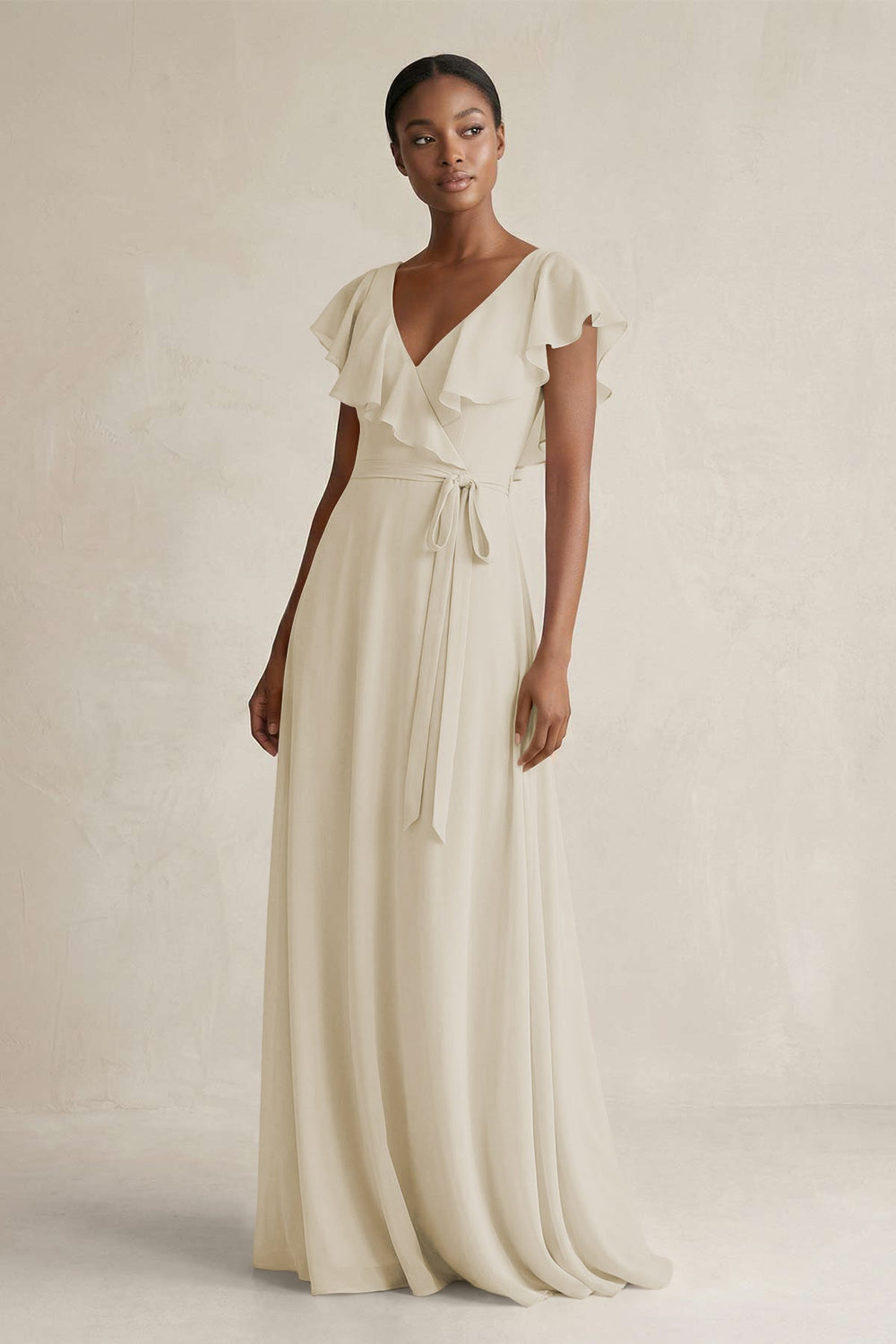 A-Line V-Neck Ruffled Sleeve Chiffon Bridesmaid Dress in Dove Gray - KISS BRIDAL BRIDESMAID DRESSES