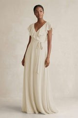 A-Line V-Neck Ruffled Sleeve Chiffon Bridesmaid Dress in Dove Gray - KISS BRIDAL BRIDESMAID DRESSES