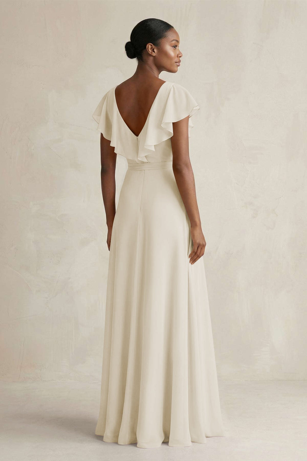 A-Line V-Neck Ruffled Sleeve Chiffon Bridesmaid Dress in Dove Gray - KISS BRIDAL BRIDESMAID DRESSES