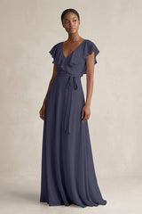 A-Line V-Neck Ruffled Sleeve Chiffon Bridesmaid Dress in Dusk Blue - KISS BRIDAL BRIDESMAID DRESSES