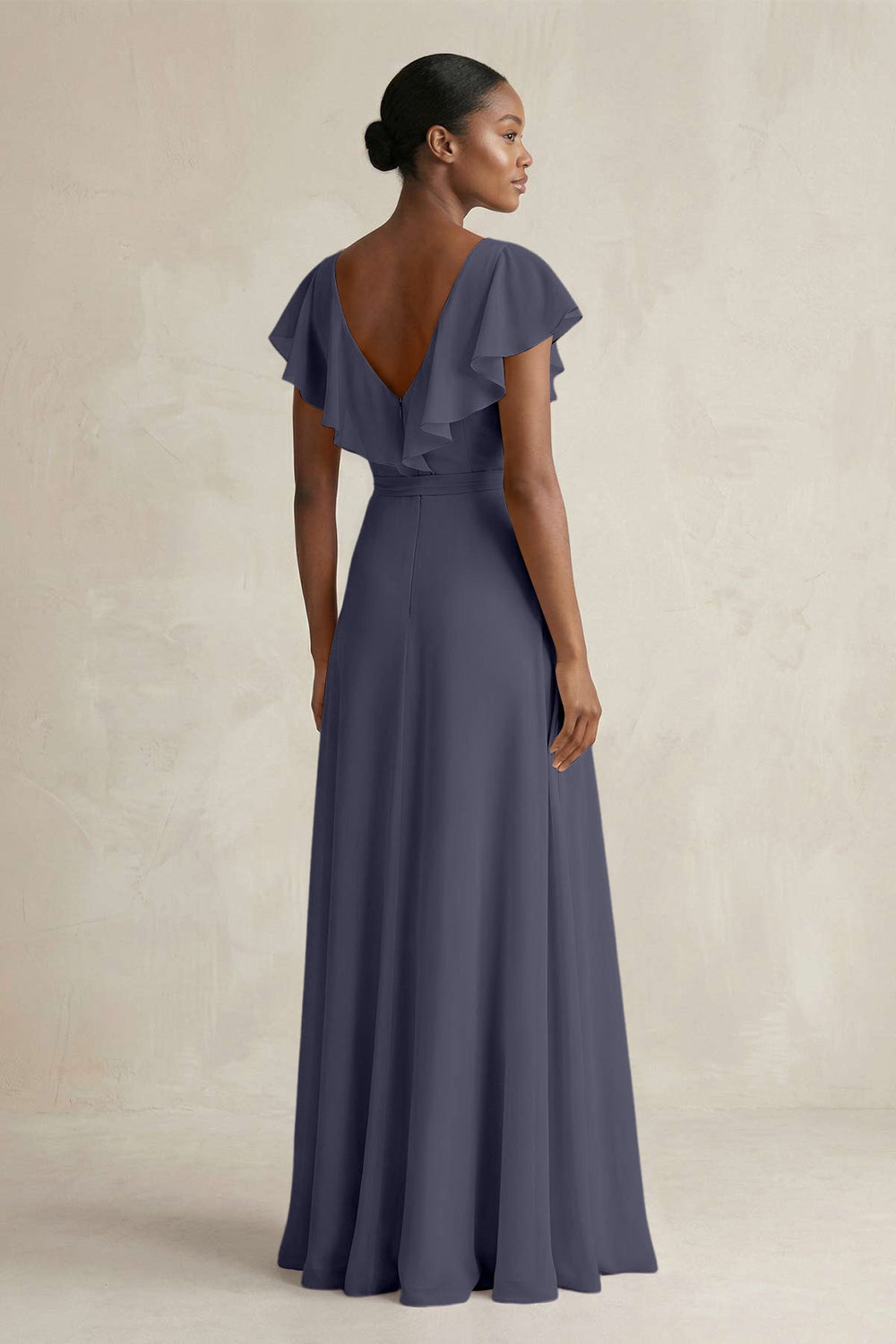 A-Line V-Neck Ruffled Sleeve Chiffon Bridesmaid Dress in Dusk Blue - KISS BRIDAL BRIDESMAID DRESSES