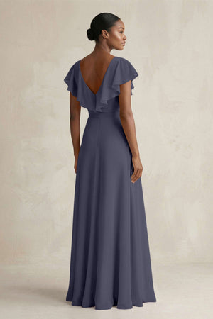 A-Line V-Neck Ruffled Sleeve Chiffon Bridesmaid Dress in Dusk Blue - SHE IS ME BRIDESMAID DRESSES