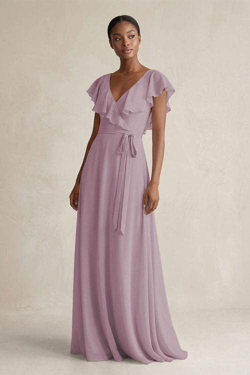 A-Line V-Neck Ruffled Sleeve Chiffon Bridesmaid Dress in Dusk - SHE IS ME BRIDESMAID DRESSES