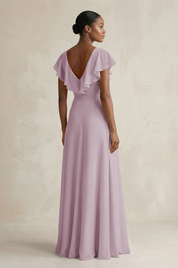 A-Line V-Neck Ruffled Sleeve Chiffon Bridesmaid Dress in Dusk - SHE IS ME BRIDESMAID DRESSES