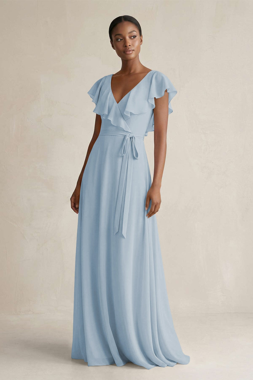 A-Line V-Neck Ruffled Sleeve Chiffon Bridesmaid Dress in Dusty Blue - KISS BRIDAL BRIDESMAID DRESSES