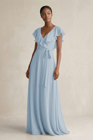 A-Line V-Neck Ruffled Sleeve Chiffon Bridesmaid Dress in Dusty Blue - SHE IS ME BRIDESMAID DRESSES