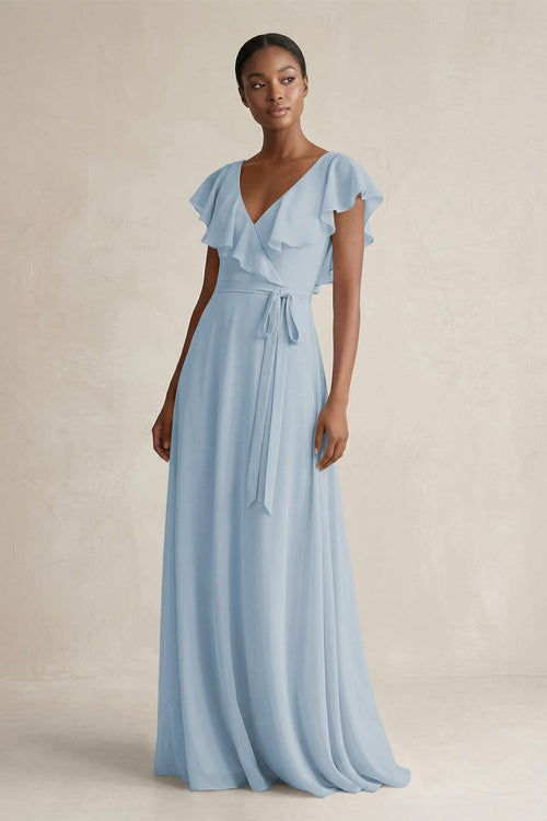 A-Line V-Neck Ruffled Sleeve Chiffon Bridesmaid Dress in Dusty Blue - SHE IS ME BRIDESMAID DRESSES