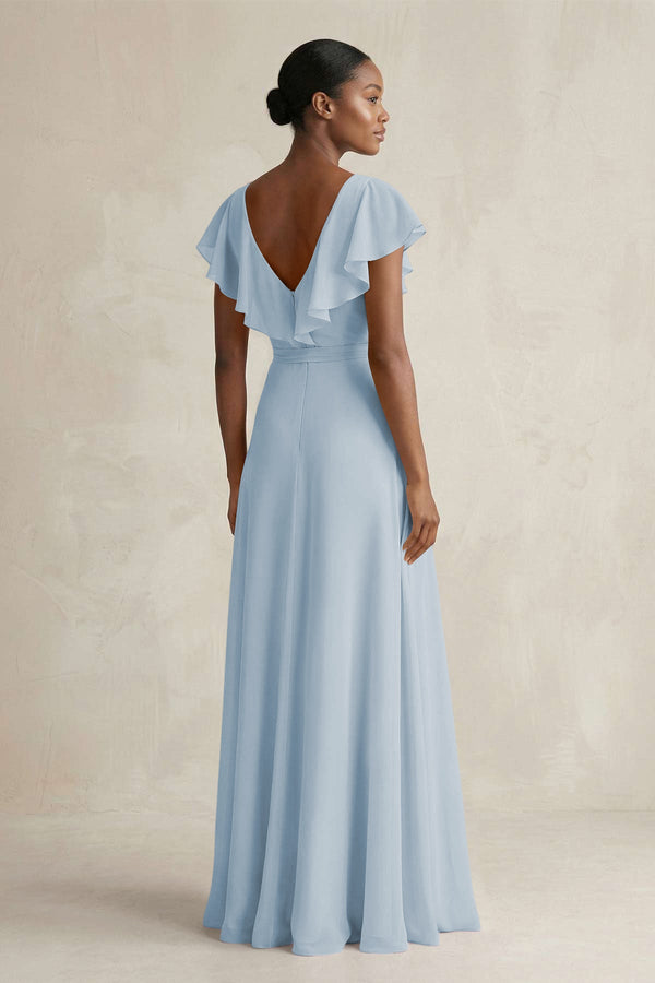 A-Line V-Neck Ruffled Sleeve Chiffon Bridesmaid Dress in Dusty Blue - SHE IS ME BRIDESMAID DRESSES