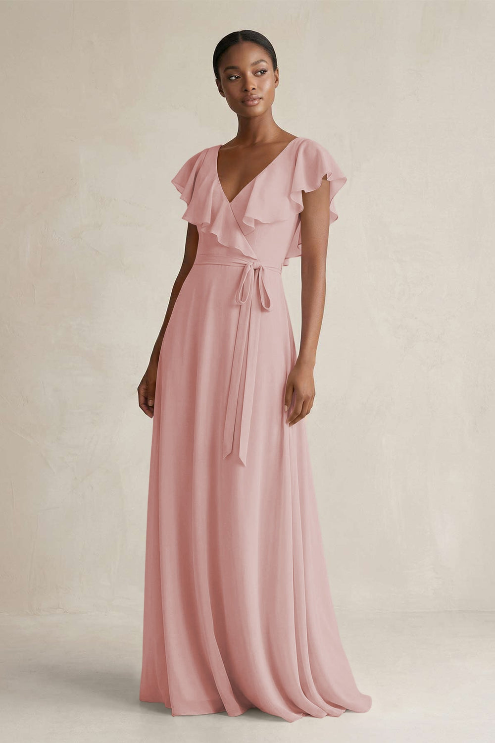 A-Line V-Neck Ruffled Sleeve Chiffon Bridesmaid Dress in Dusty Rose - KISS BRIDAL BRIDESMAID DRESSES
