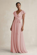 A-Line V-Neck Ruffled Sleeve Chiffon Bridesmaid Dress in Dusty Rose - SHE IS ME BRIDESMAID DRESSES