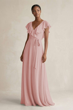 A-Line V-Neck Ruffled Sleeve Chiffon Bridesmaid Dress in Dusty Rose - SHE IS ME BRIDESMAID DRESSES