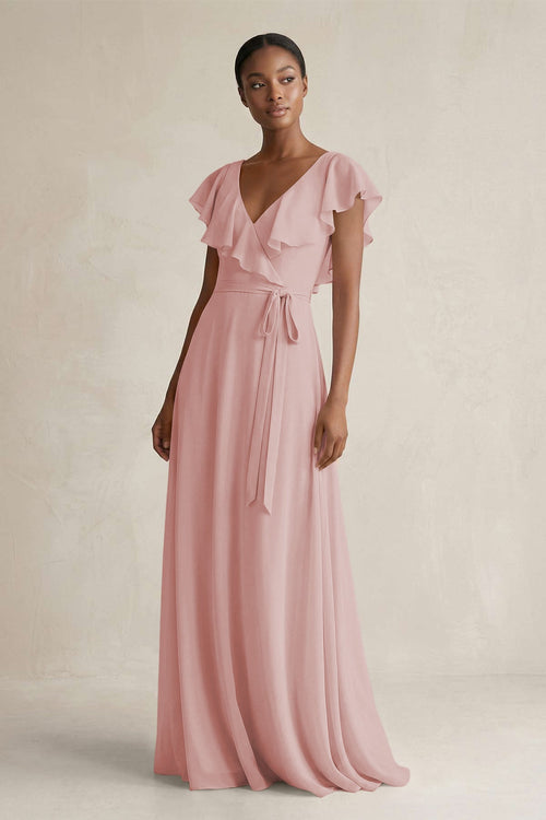 A-Line V-Neck Ruffled Sleeve Chiffon Bridesmaid Dress in Dusty Rose - SHE IS ME BRIDESMAID DRESSES