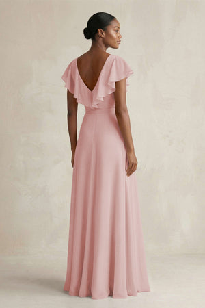 A-Line V-Neck Ruffled Sleeve Chiffon Bridesmaid Dress in Dusty Rose - SHE IS ME BRIDESMAID DRESSES
