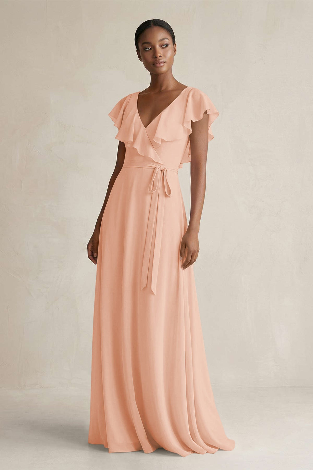 A-Line V-Neck Ruffled Sleeve Chiffon Bridesmaid Dress in English Rose - KISS BRIDAL BRIDESMAID DRESSES