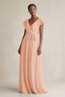 A-Line V-Neck Ruffled Sleeve Chiffon Bridesmaid Dress in English Rose - SHE IS ME BRIDESMAID DRESSES