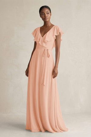 A-Line V-Neck Ruffled Sleeve Chiffon Bridesmaid Dress in English Rose - SHE IS ME BRIDESMAID DRESSES