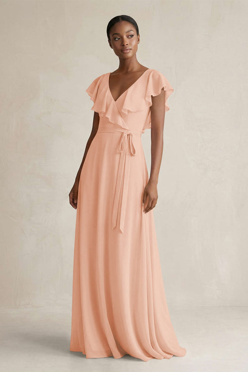 A-Line V-Neck Ruffled Sleeve Chiffon Bridesmaid Dress in English Rose
