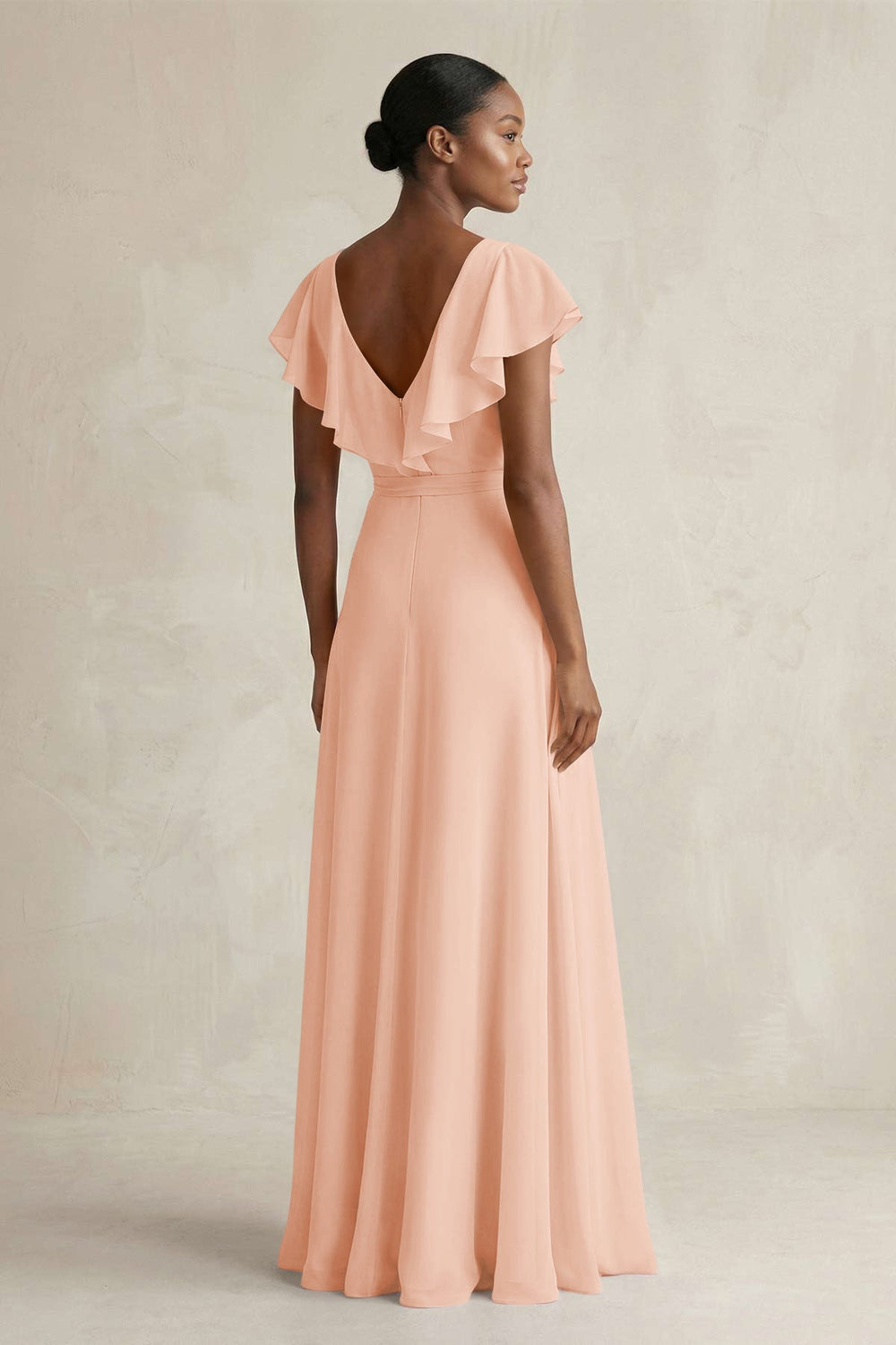 A-Line V-Neck Ruffled Sleeve Chiffon Bridesmaid Dress in English Rose - KISS BRIDAL BRIDESMAID DRESSES