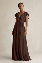 A-Line V-Neck Ruffled Sleeve Chiffon Bridesmaid Dress in Espresso - KISS BRIDAL BRIDESMAID DRESSES