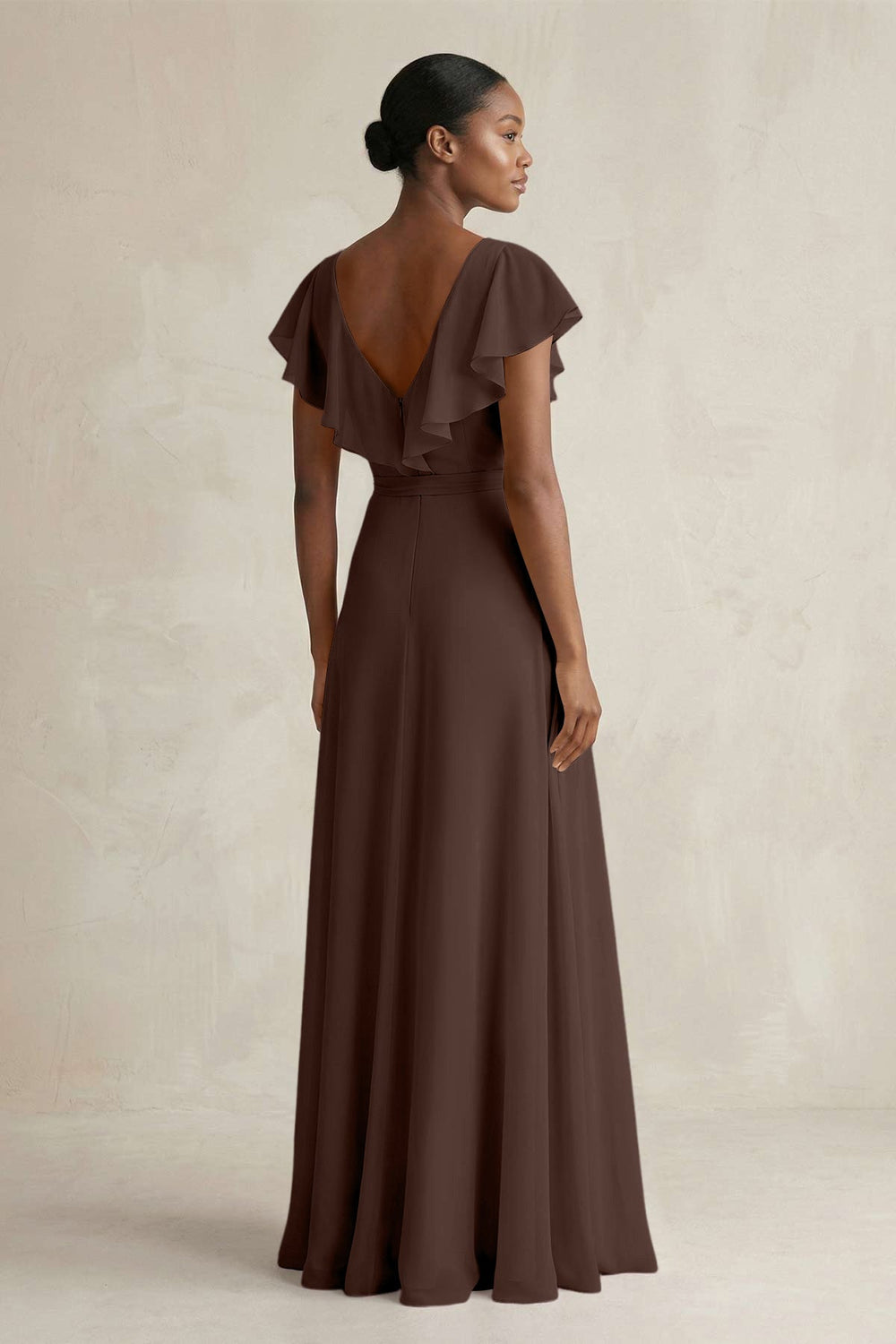 A-Line V-Neck Ruffled Sleeve Chiffon Bridesmaid Dress in Espresso - KISS BRIDAL BRIDESMAID DRESSES