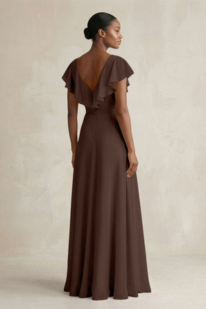 A-Line V-Neck Ruffled Sleeve Chiffon Bridesmaid Dress in Espresso - SHE IS ME BRIDESMAID DRESSES