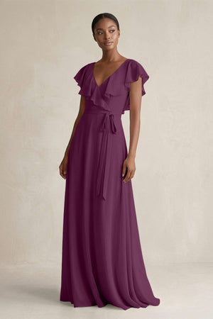 A-Line V-Neck Ruffled Sleeve Chiffon Bridesmaid Dress in Fig - SHE IS ME BRIDESMAID DRESSES