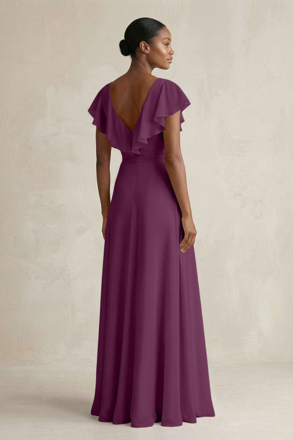 A-Line V-Neck Ruffled Sleeve Chiffon Bridesmaid Dress in Fig - SHE IS ME BRIDESMAID DRESSES