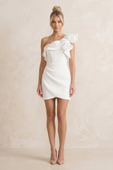 Ruffled Flower Sheath Satin Mini Wedding Dress in White - KISS BRIDAL Wedding Dresses