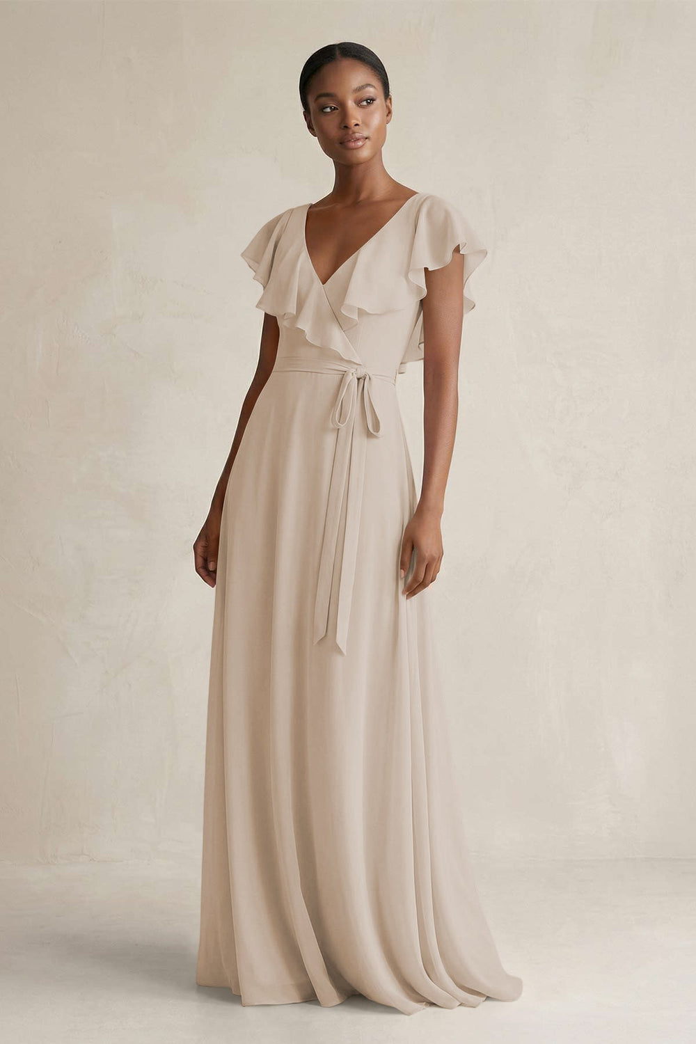 A-Line V-Neck Ruffled Sleeve Chiffon Bridesmaid Dress in Frost - KISS BRIDAL BRIDESMAID DRESSES