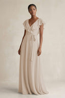 A-Line V-Neck Ruffled Sleeve Chiffon Bridesmaid Dress in Frost - SHE IS ME BRIDESMAID DRESSES