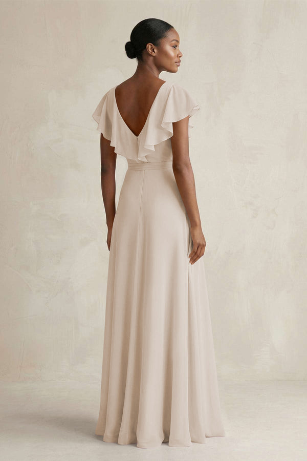 A-Line V-Neck Ruffled Sleeve Chiffon Bridesmaid Dress in Frost - SHE IS ME BRIDESMAID DRESSES