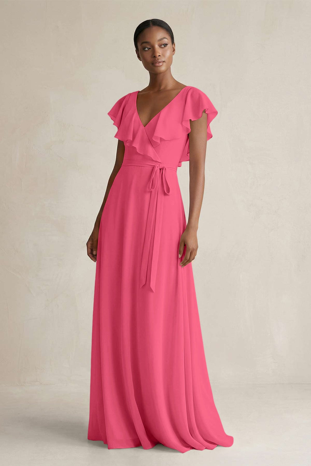 A-Line V-Neck Ruffled Sleeve Chiffon Bridesmaid Dress in Fuchsia - KISS BRIDAL BRIDESMAID DRESSES
