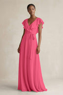 A-Line V-Neck Ruffled Sleeve Chiffon Bridesmaid Dress in Fuchsia - SHE IS ME BRIDESMAID DRESSES